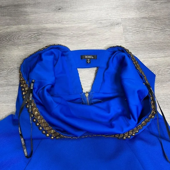 XOXO Fit & Flare, Open Back, Beaded Dress - Blue & Gold - Juniors Sz M (NWOT) - Picture 6 of 9